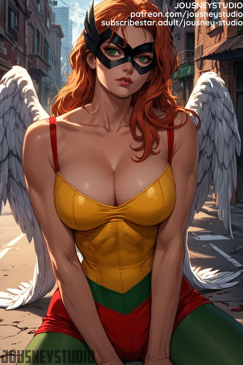 ai-created ai_generated angel_wings bare_shoulders bodysuit breasts cleavage clothing covered_navel day dc dc_comics domino_mask english_text feathered_wings feathers female female_only green_eyes hawkgirl jousneystudio large_breasts lips long_hair looking_at_viewer mask outdoors parted_lips red_hair shorts sitting solo superheroine text thighs toned watermark web_address white_wings wings