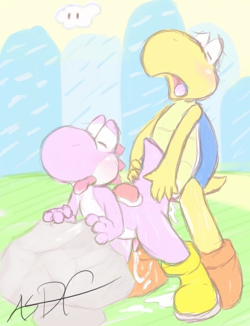 2boys anal asdfjkl03 bent_over cum dinosaur fay full_body koopa koopa_troopa male male_only mario_(series) messy multiple_boys nintendo open_mouth outdoors scalie standing super_mario_bros. yaoi yoshi