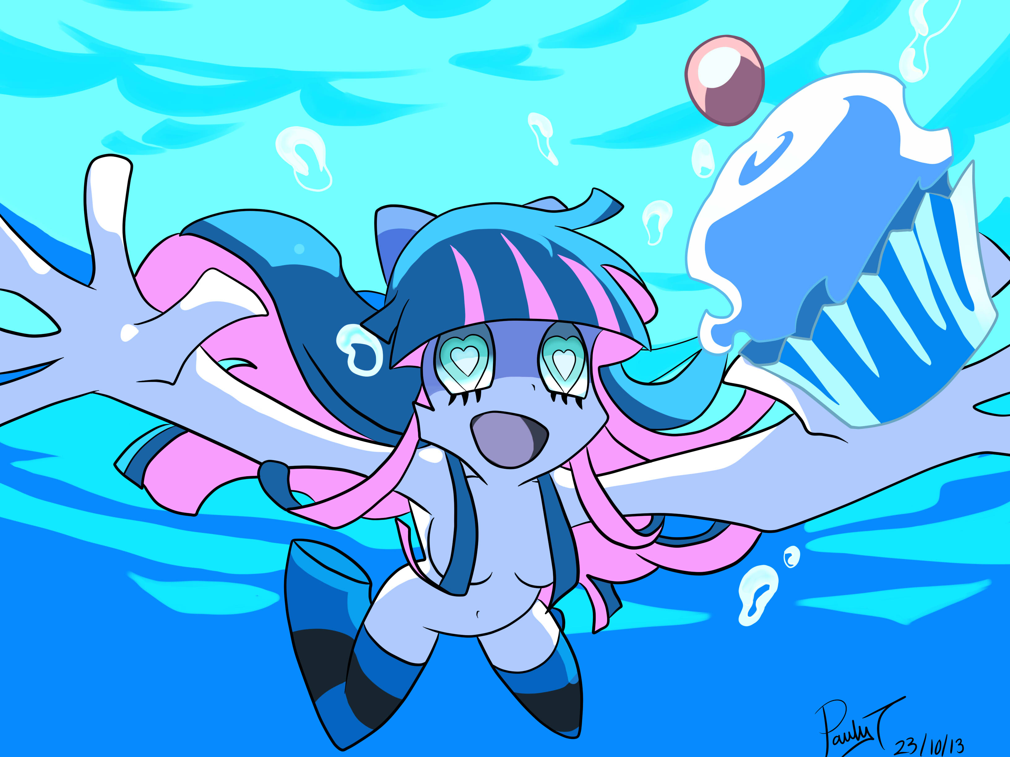 1girls, accurate art style, breasts, female, female only, hair over breasts, nirvana, nude, panty & stocking with garterbelt, parody, paulyt7, skinny dipping, solo, stocking anarchy, swimming, underwater