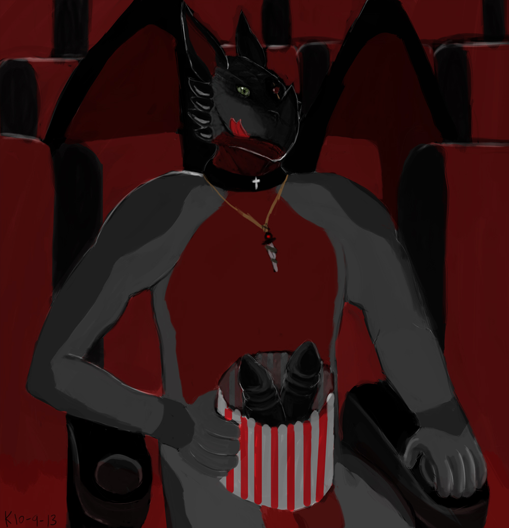 1boy anthro dagger diphallia diphallism dragon furry green_eyes kovakhyane male male_only movie_theater multi_penis necklace no_humans penis popcorn pose scar solo tiamat234 weapon wings yaranaika