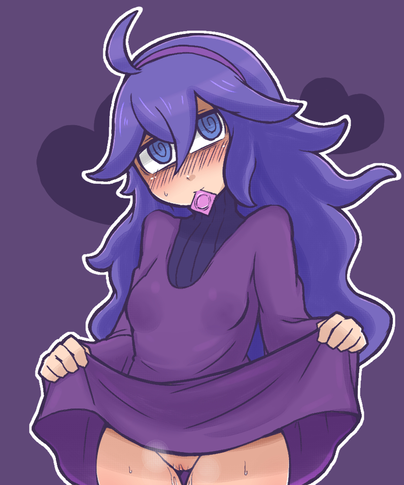 bad id, blue eyes, blue hair, blush, condom, condom in mouth, dress, female, female only, game freak, headband, hex maniac, hex maniac (pokemon xy), human, long hair, nintendo, no panties, npc trainer, occult maniac, occult maniac (pokemon xy), occult maniac (pokemon), pokemon, pokemon xy, purple background, purple eyes, purple hair, purple theme, pussy, pussy juice, pussy peek, skirt lift, solo, sweat, uncensored, very long hair