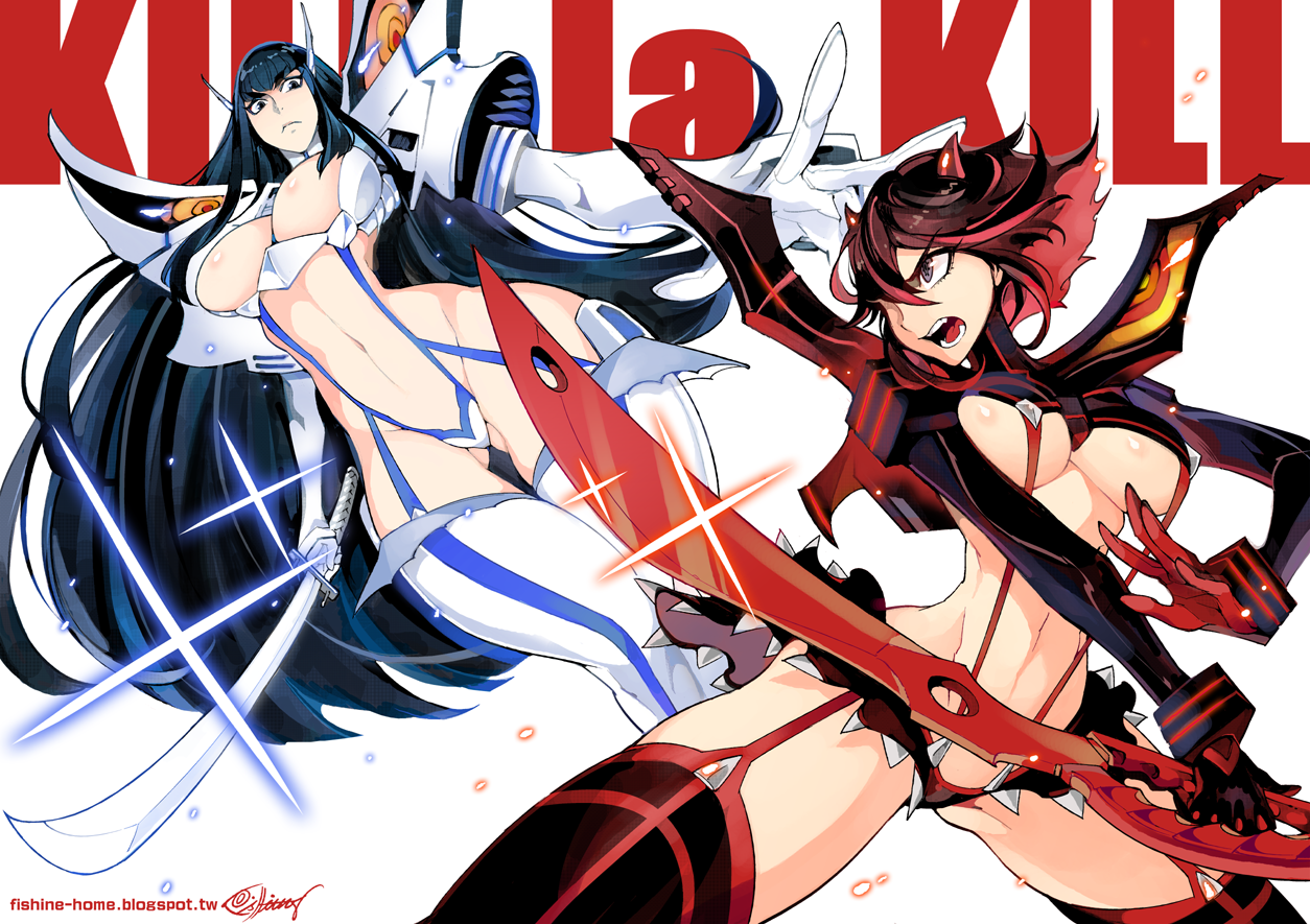 2girls, adult swim, armor, bakuzan, bikini armor, black hair, blue eyes, boots, breasts, catfight, cleavage, female, female only, fishine, garter straps, hair over one eye, high heels, highlights, hourglass figure, junketsu, katana, kill la kill, kiryuuin satsuki, long hair, matoi ryuuko, midriff, navel, scissor blade, senketsu, siblings, sisters, skirt, suspenders, sword, thick thighs, thigh boots, thighhighs, thong, toonami, two-tone hair, underboob, very long hair, weapon