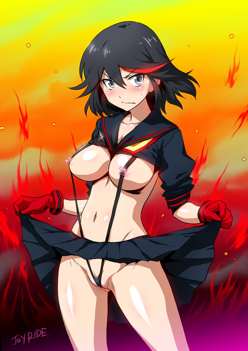1girls, adult swim, between labia, black hair, blue eyes, blush, breasts, cleavage, female, gloves, highlights, hourglass figure, innie pussy, joy ride, kill la kill, matoi ryuuko, navel, pussy, school uniform, senketsu, serafuku, shirt lift, skirt, skirt lift, sling bikini, solo, suspenders, sweatdrop, toonami, two-tone hair, voluptuous