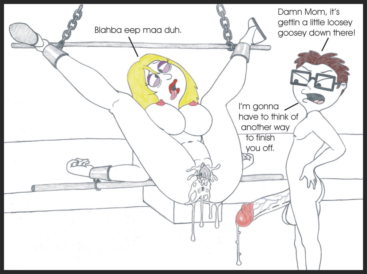 american dad, bondage, breasts, color, cum, female, francine smith, human, incest, male, mother and son, nipples, partially colored, rape, sbb, steve smith, text