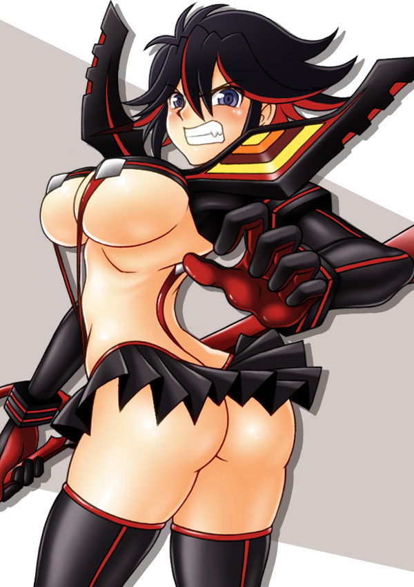 1girls, adult swim, ass, black hair, blue eyes, blush, breasts, female, highlights, hourglass figure, kill la kill, large breasts, looking back, matoi ryuuko, scissor blade, senketsu, sideboob, skirt, solo, suspenders, thighhighs, toonami, two-tone hair, underboob, weapon