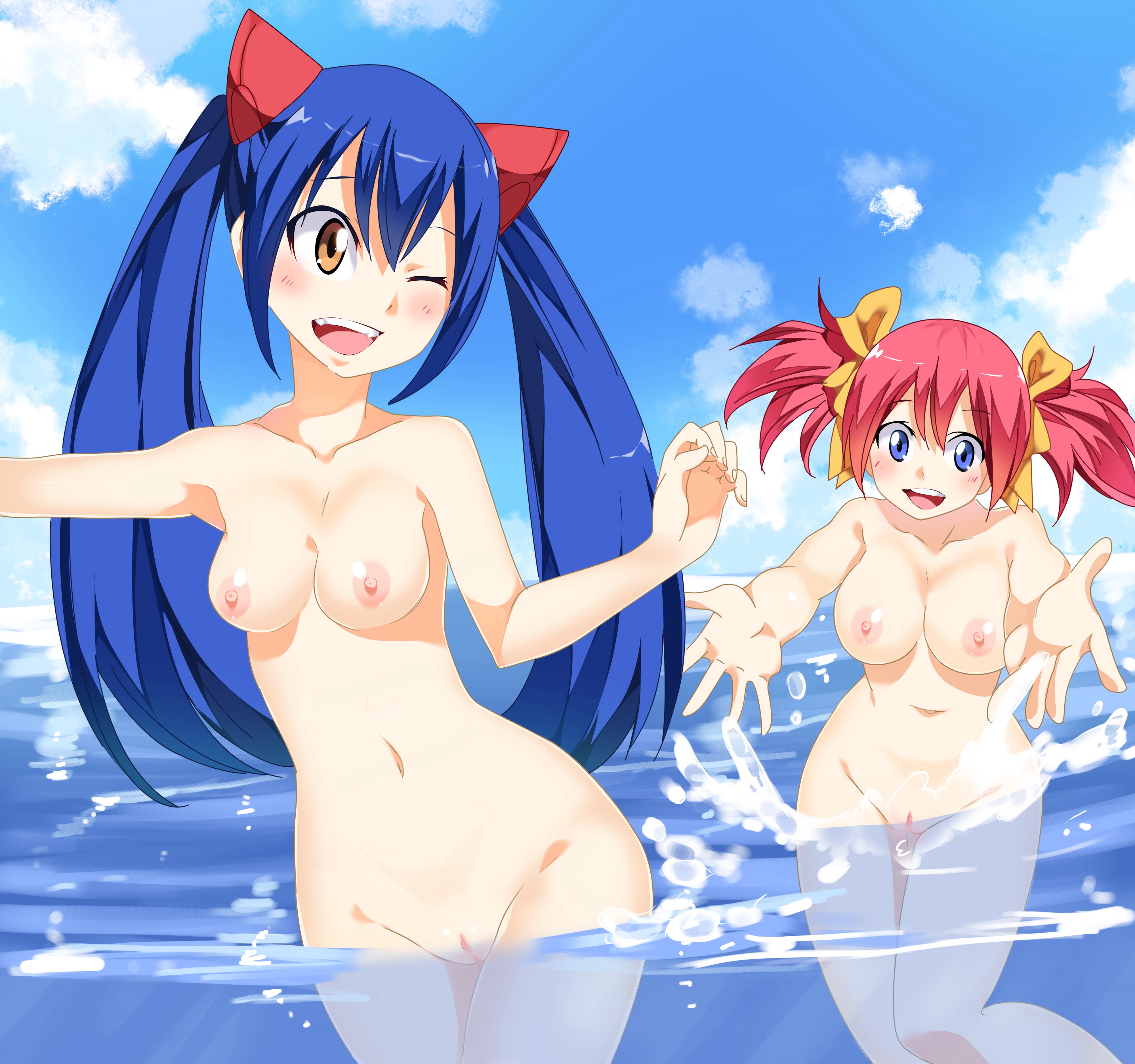 2girls, bathing, bathing together, blue hair, blue-haired female, chelia blendy, fairy tail, female, female only, gaston18, multiple females, multiple girls, nudist, nudist beach, pink hair, pink-haired female, tagme, water, wendy marvell