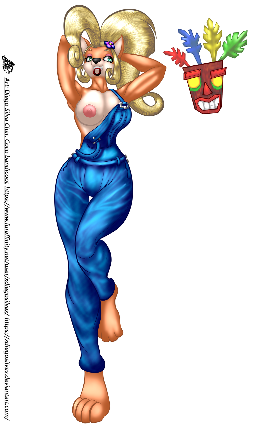 aku_aku anthro breasts clothing coco_bandicoot crash_(series) feet female nipple_slip solo toes video_games