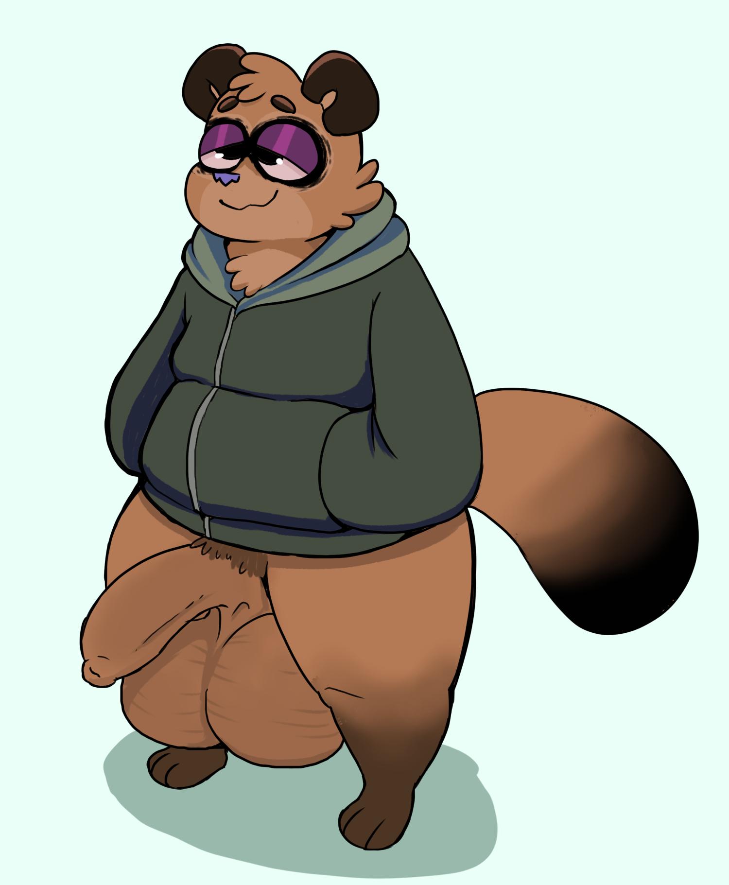 2019 anthro balls big_balls big_penis black_eyes black_tail bottomless bottomless_male brown_body brown_ears brown_fur brown_hair brown_tail canid canine clothed clothing digital_media_(artwork) foreskin fur genitals green_clothing green_jacket green_topwear hair half-closed_eyes hand_in_pocket hi_res huge_balls humanoid_genitalia humanoid_penis hyper hyper_balls hyper_genitalia jacket long_foreskin male male_only mammal multicolored_body multicolored_fur narrowed_eyes partially_clothed penis pockets poko_(pokonuki) pokonuki purple_nose purple_sclera raccoon_dog smile solo standing tail tanuki three-quarter_view topwear two_tone_tail unretracted_foreskin