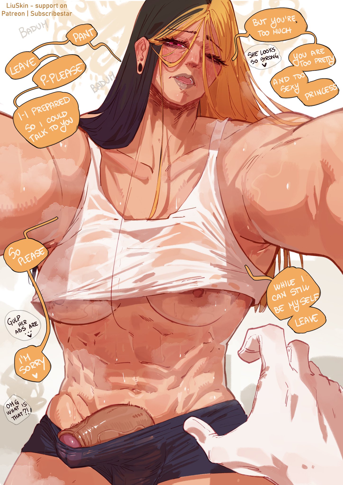 big penis, english dialogue, english text, erection pushing underwear, erection under clothes, fat ass, feminine male, futa is bigger, futa on female, futanari, liuskin, long hair, male, muscular futa, original, original character, penis peek, small penis, spread ass, spreading, spreading anus, thick thighs