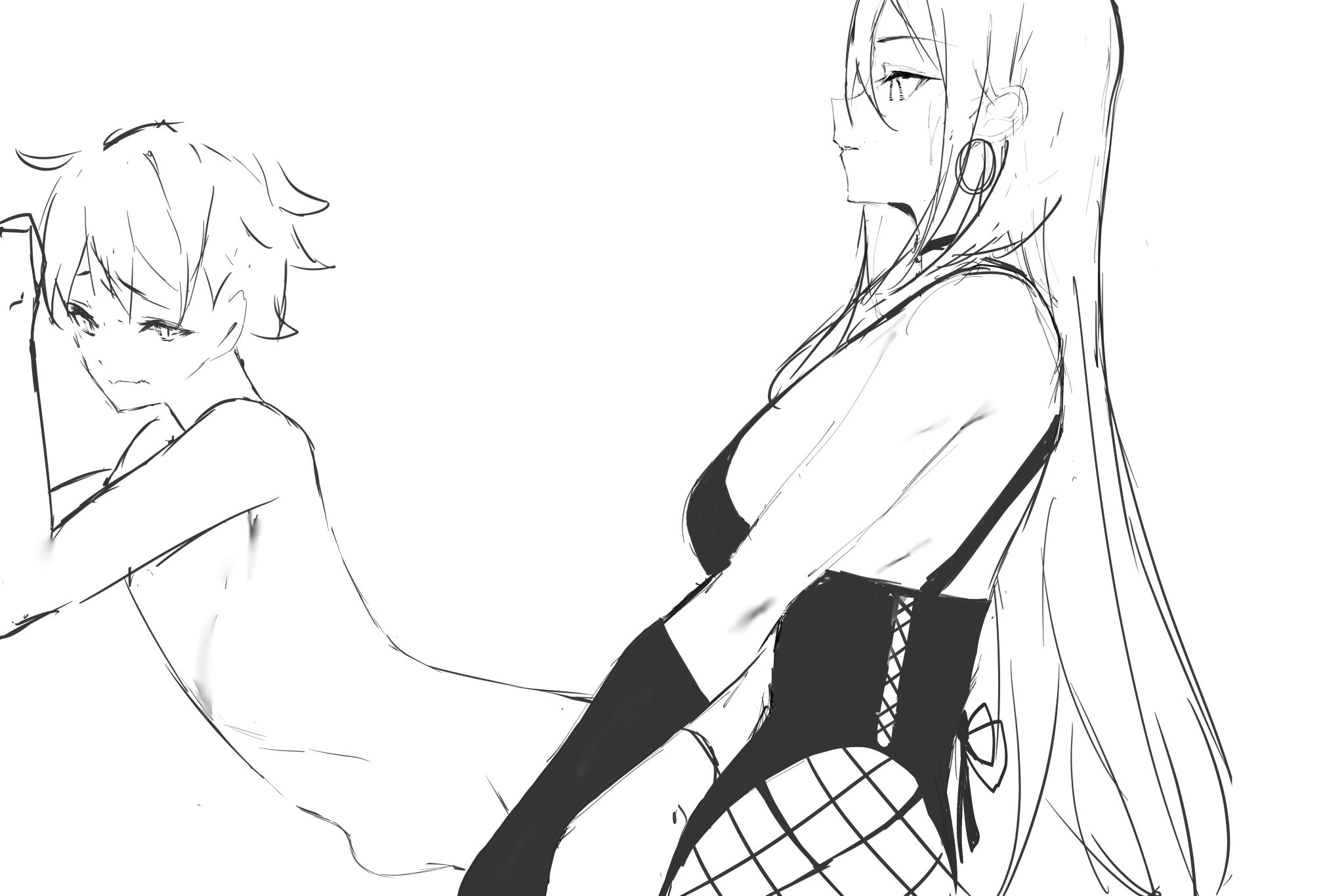 black and white, corset, dominant female, domination, dominatrix, female, female on male, femboy, femboysub, femdom, fishnets, greyscale, male, monochrome, owl ban, pegging, pegging male, prostate stimulation, sketch, stomach bulge, strap-on, strapon, uncomfortable