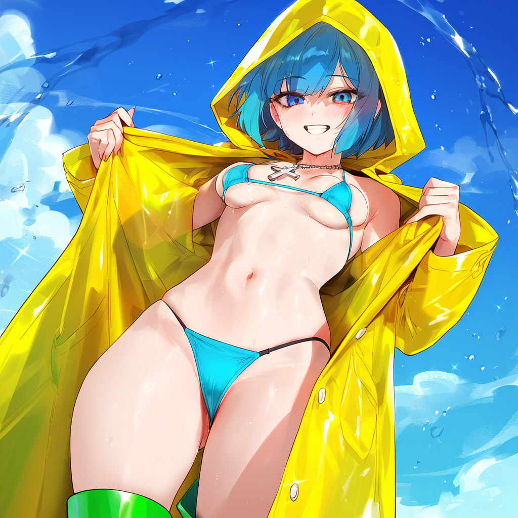 1girls ai_generated bangs bible bikini blue_bikini blue_eyes blue_hair blue_sky blush breasts cloud collarbone cowboy_shot day eyebrows_visible_through_hair grin hood hood_up jewelry looking_at_viewer luce_(vatican) micro_bikini navel necklace outdoors petite raincoat short_hair sky small_breasts smile solo stomach swimsuit thighhighs underboob wet yellow_jacket yellow_raincoat