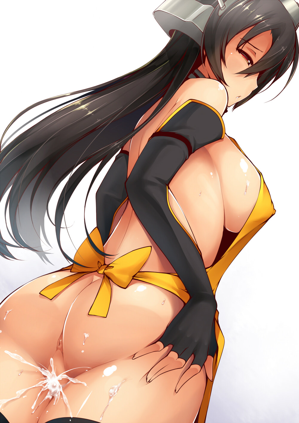 after_sex anus apron ass black_hair blush breasts cum cum_in_pussy cumdrip dean elbow_gloves female fingerless_gloves from_behind from_below gloves hair_ornament hairband headgear highres kantai_collection large_breasts long_hair looking_back nagato_(kantai_collection) naked_apron nude personification pussy red_eyes sideboob solo sweat thighhighs