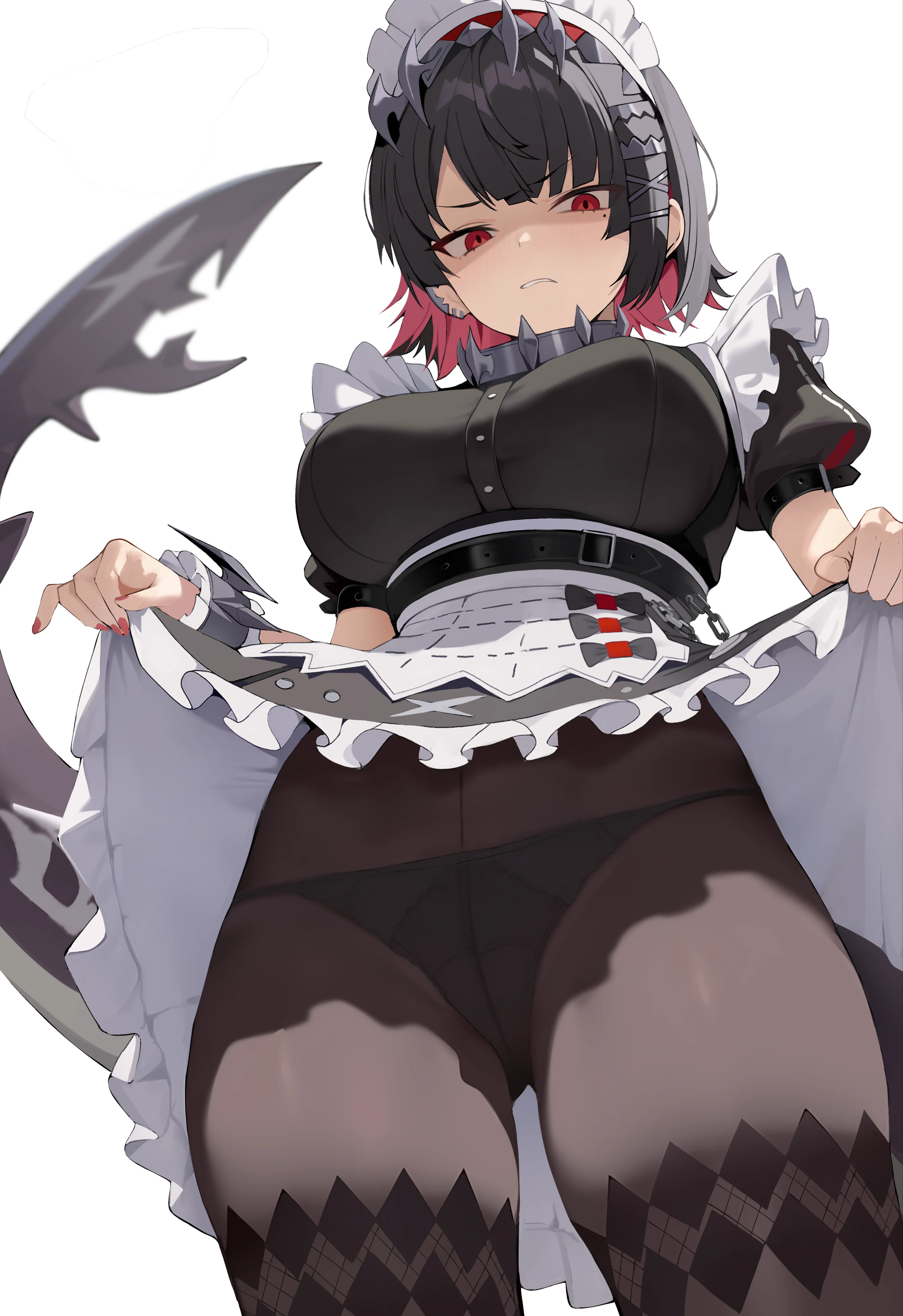1girl, big breasts, colored nails, disgusted, ellen joe, large breasts, looking at viewer, low angle view, maid, painted nails, pantyhose, red nails, redshark (t373412), shark girl, shark tail, short hair, skirt lift, tagme, upskirt, worm's-eye view, zenless zone zero