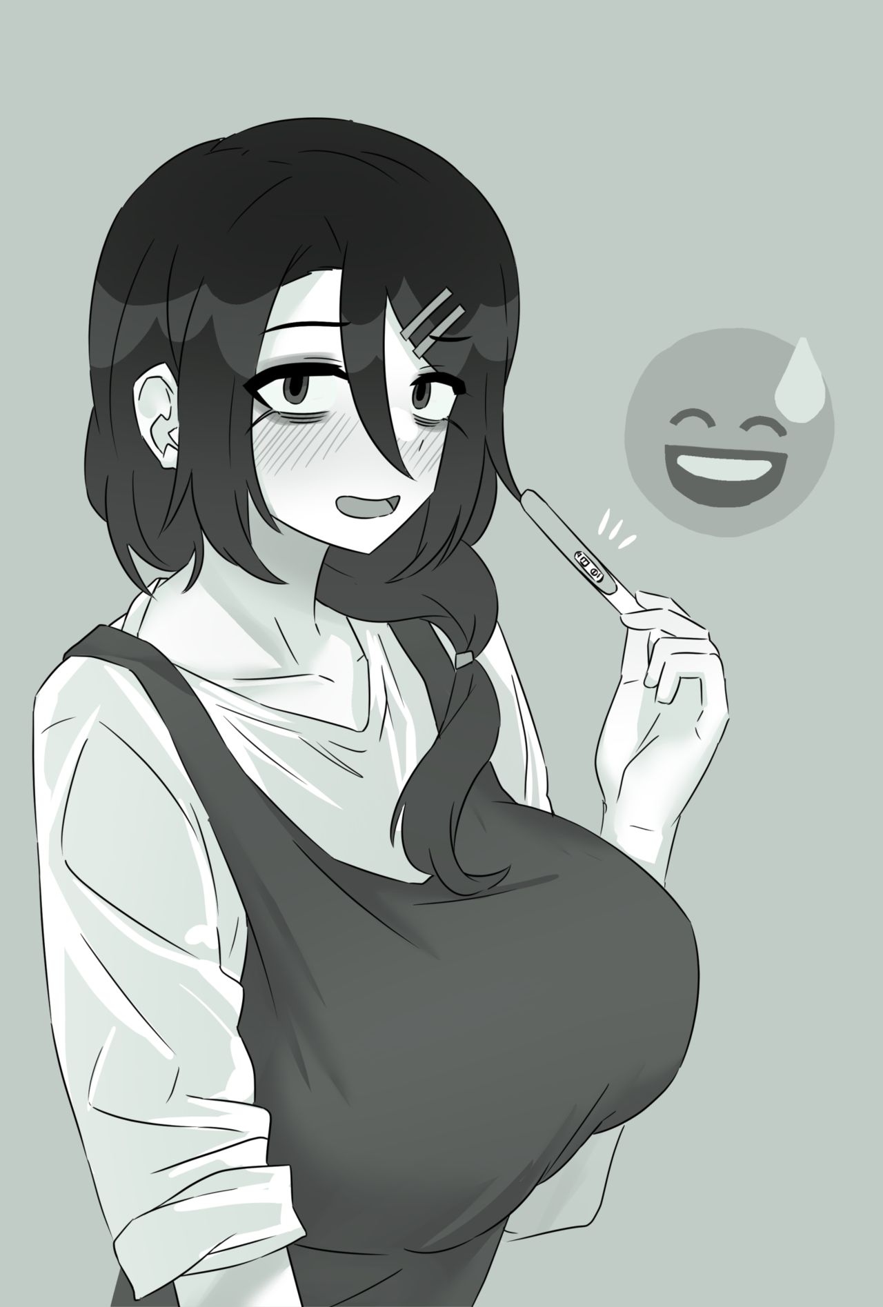 apron big_breasts blush blush_lines blushing_at_viewer clothed emoji enari eyebags eyes_visible_through_hair female fully_clothed hair_ornament hair_over_shoulder hairclip happy housewife looking_at_viewer monochrome netorase no_nude no_text open_mouth ponytail positive_pregnancy_test pregnancy_test pregnant pregnant_female sole_female solo solo_focus takurann wife