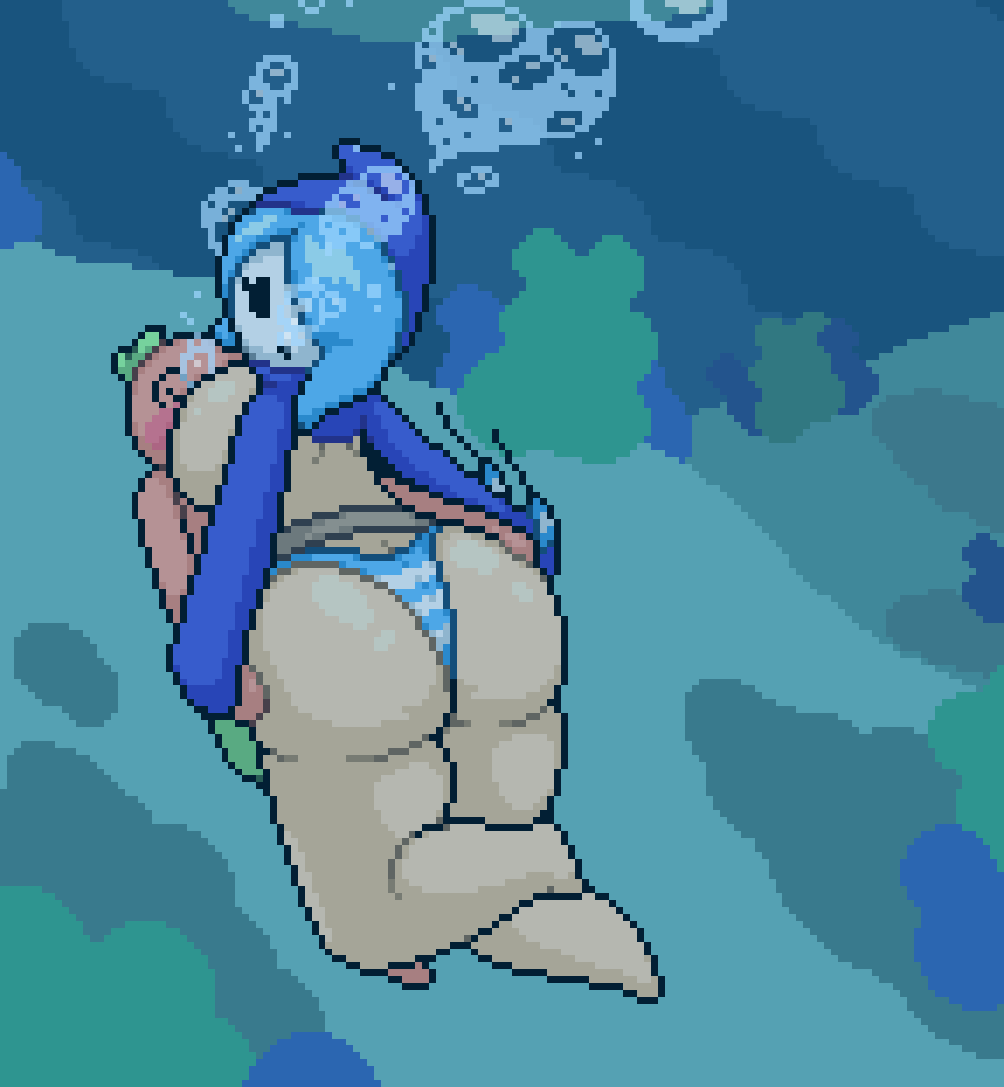 aquamarine_(okami_tomato) big_ass big_breasts big_thighs blue_bikini blue_hair blush breast_squish bubbles huge_ass okami_tomato pixel_art shy_gal shy_guy striped_bikini super_mario_bros. swimming tomato_(okami_tomato) topless underwater