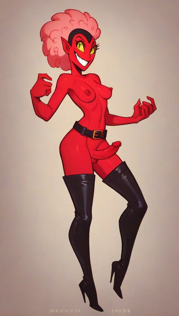 1futa ai ai_generated belt black_latex breasts cartoon_network dick dickgirl evil_smile futa_only futanari halloween high_heel_boots high_heels him_(powerpuff_girls) nipples penis pink_hair powerpuff_girls quinzo11 red_skin self_upload standing yellow_eyes