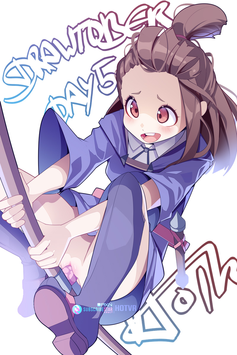 boots broom broom_riding brown_eyes brown_hair female female_masturbation highres hotvr kagari_atsuko little_witch_academia masturbation object_insertion open_mouth purple_robe robe sex_toy solo topknot uncensored vaginal_object_insertion vaginal_penetration