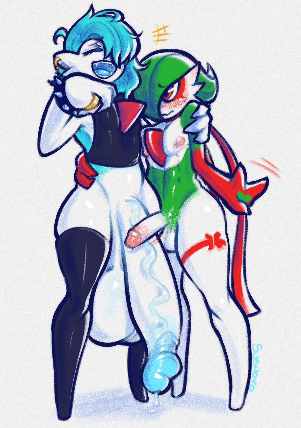 2boys anthro anthro_only balls big_balls big_penis blue_body blue_hair blush bodily_fluids clothing comparing crop_top dripping duo dyhot_(s-f-d) ear_piercing ear_ring femboy gardevoir gay generation_3_pokemon genital_fluids genitals green_body green_hair hair hi_res huge_balls huge_cock humanoid hung_femboy hung_trap hyper hyper_balls hyper_genitalia hyper_penis laugh leaking_precum legwear male male/male male_gardevoir male_only neckwear nintendo nipples open_mouth penis piercing pokemon pokemon_(species) precum precum_drip ring ring_piercing saggy_balls secrets-from-dark shirt size_difference smile thigh_highs topwear vein veiny_penis wristband