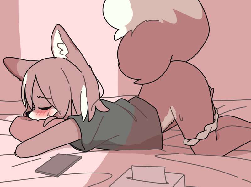 1girls bed blush doremifaso64 masturbation panties shirt tissue_box wolf