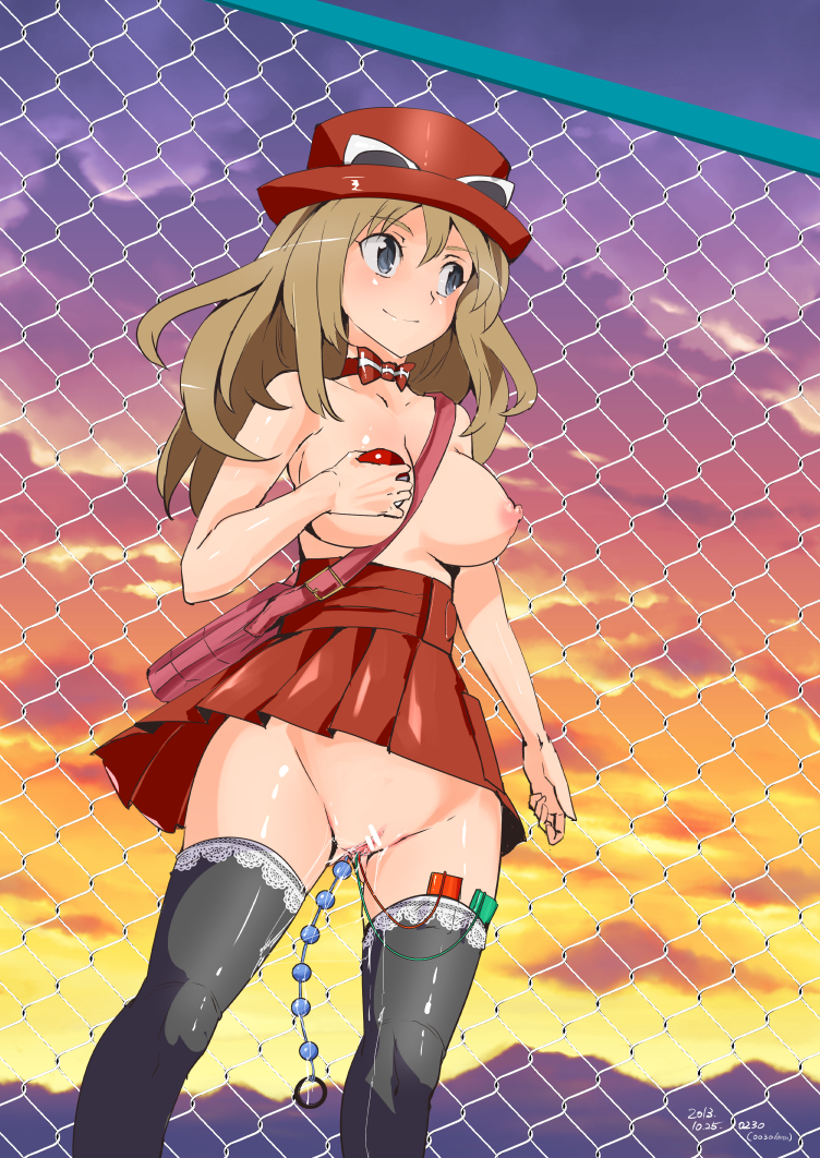 1girls, anal, anal beads, bag, black legwear, blonde hair, blue eyes, blush, breasts, brown hair, censored, censored pussy, chain-link fence, clothing, egg vibrator, exhibitionism, female, fence, from below, hat, human, human only, large breasts, long hair, messenger bag, navel, neck ribbon, nintendo, nipples, no panties, nyuu (manekin-eko), outdoors, pixiv, pleated skirt, poke ball, pokemon, pokemon xy, public, public topless, public vibrator, pussy, pussy juice, ribbon, serena (pokemon games), serena (pokemon), shoulder bag, shoulder length hair, skirt, smile, solo, stockings, sunglasses, sunglasses on head, thighhighs, topless, uncensored breasts, upskirt, vibrator, vibrator in thighhighs