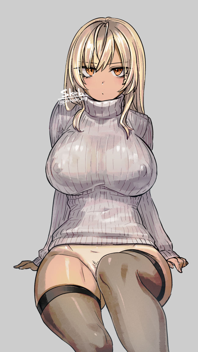 1girls bottomless breasts female female_only huge_breasts human looking_at_viewer nipple_bulge nipples pote0508 solo solo_female sweater thighhighs thighs