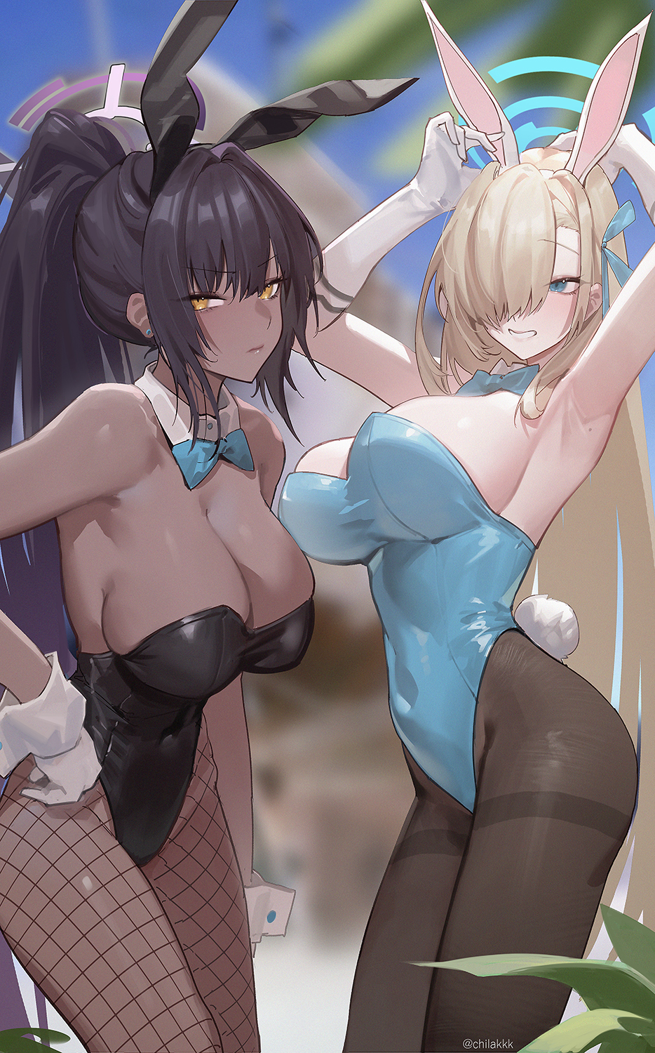 2girls arm_above_head arm_up armpit armpit_crease armpit_peek armpits arms_above_head arms_up asuna_(blue_archive) asuna_(bunny)_(blue_archive) belly belly_button black_bunny_ears black_bunnygirl_costume black_bunnysuit black_hair black_hair_female black_legwear black_pantyhose black_stockings blonde_eyebrows blonde_female blonde_hair blonde_hair blonde_hair_female blue_archive blue_bowtie blue_bunnysuit blue_eyes blue_eyes_female blue_hair_ribbon blue_hair_tie blue_halo blue_leotard blue_ribbon blue_topwear blurred_background blurry_background bowtie breasts brown-skinned_female brown_skin brown_skinned_female bunny_ears bunny_tail bunnygirl bunnygirl_outfit busty busty_female busty_girl busty_teen chilakkk cleavage collar collarbone covered_areola covered_areolae covered_navel covered_nipples covered_pussy covered_vagina curvy curvy_body curvy_female curvy_figure curvy_hips curvy_teen dark-skin dark-skinned_female dark_skin dark_skinned dark_skinned_female day daylight daytime dot_nose ear_piercing ear_piercings elbows eyebrows_visible_through_hair fair_skin female female_focus female_only fingers fishnet_legwear fishnet_pantyhose fishnet_stockings frown frown_eyebrows frowning frowning_at_viewer gloves grin groin hair_between_eyes hair_over_one_eye hair_ribbon hair_tie hairless_armpits halo hand_above_head hand_on_hair hand_on_head hand_on_hip hand_on_own_hair hand_on_own_head hand_on_own_hip hand_up hands_above_head hands_up high_resolution high_school_student highres hourglass_figure kabu_usagi karin_(blue_archive) karin_(bunny)_(blue_archive) large_breasts lean_body lean_figure legs legs_together legwear leotard light-skined_female light-skinned light-skinned_female light_skin light_skin_female light_skinned light_skinned_female lips long_hair looking_at_viewer mole mole_on_chest multiple_females multiple_girls narrow_waist navel outdoor outdoors outside pale pale-skinned_female pale_skin pale_skinned_female pantyhose parted_bangs parted_lips ponytail purple_halo pussy ribbon school_girl school_girls sexy_armpits shaved_armpits shoulders sideboob slender_body slender_waist slim_girl slim_waist smile smiley_face smiling smiling_at_viewer smirk smooth_armpits smooth_skin standing stockings teen_girl teenage_girl teenage_girls teenager thick_thighs thighband thighs thin_waist topwear underboob upper_body v-line white-skinned_female white_bunny_ears white_collar white_gloves white_skin white_skinned_female white_wrist_cuffs wide_hips wrist_cuffs yellow_eyes yellow_eyes_female