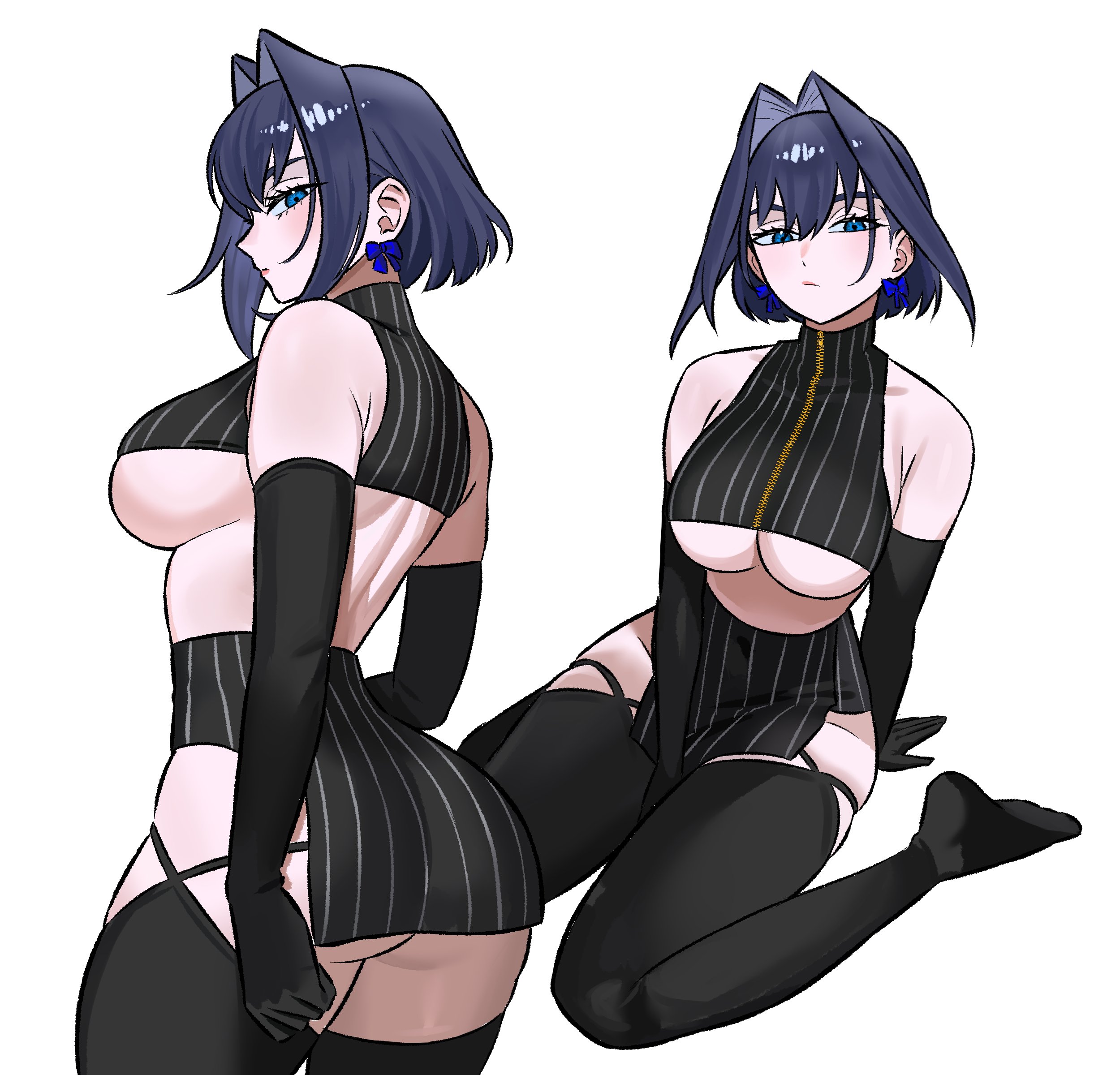 1girls, ass, big ass, big breasts, black thighhighs, blue eyes, blue hair, breasts, cleavage, earrings, elbow gloves, female, female only, gloves, hair intakes, hololive, hololive english, hololive english -council-, hololive english -promise-, hourglass figure, huge ass, huge breasts, kneeling, large ass, large breasts, looking at viewer, multiple views, no bra, ouro kronii, purple hair, revealing clothes, short hair, short skirt, skirt, slim waist, solo, solo female, standing, stockings, thick, thick ass, thick thighs, thighhighs, thighs, tight clothing, underboob, virtual youtuber, white background, wide hips, zeon (zzeeonn), zeon j