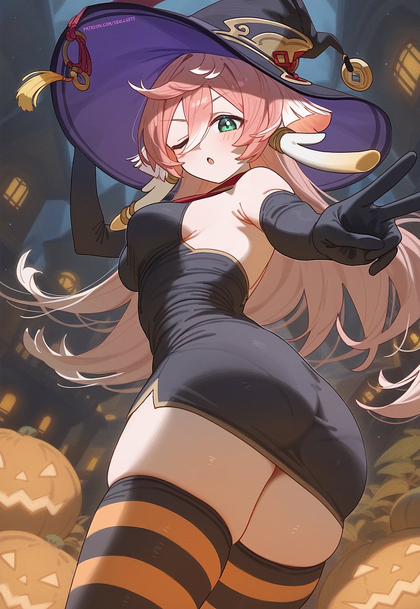 ai_generated alternate_costume ass ass_focus bare_shoulders blush breasts dress elbow_gloves female from_behind from_below genshin_impact gloves gradient_hair green_eyes halloween halloween_costume hat jack_o_lantern large_breasts long_hair looking_at_viewer looking_down multicolored_hair open_mouth shiny shiny_clothes shiny_hair shiny_skin short_dress sideboob sidious_(artist) solo thick_thighs thighhighs very_long_hair white_hair witch_costume witch_hat yanfei_(genshin_impact)