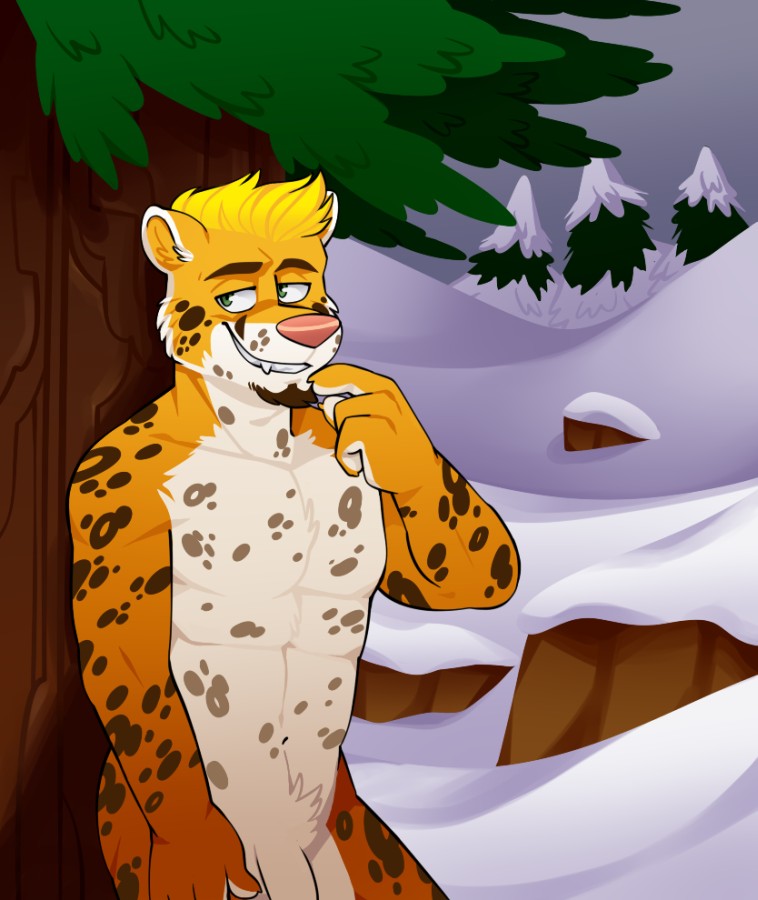 anthro blonde_hair feline furry hair leopard male male_only no_humans nude penis pink_nose snow solo vasuki