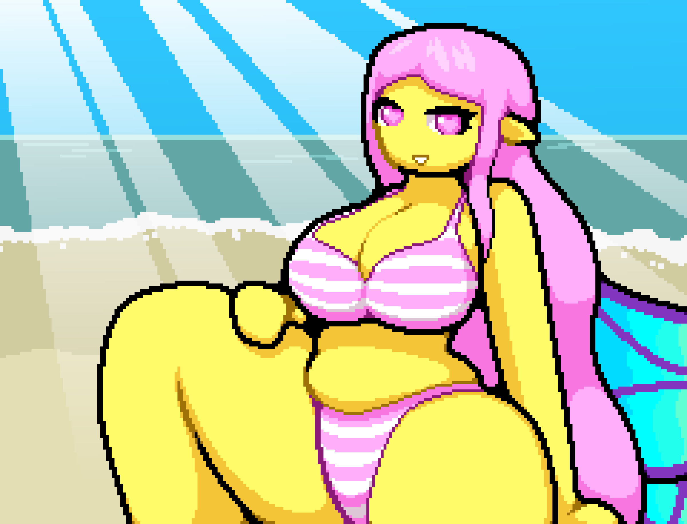 big_breasts big_thighs empress_of_light heart-shaped_pupils huge_thighs ocean okami_tomato pink_bikini pink_hair pixel_art striped_bikini terraria water