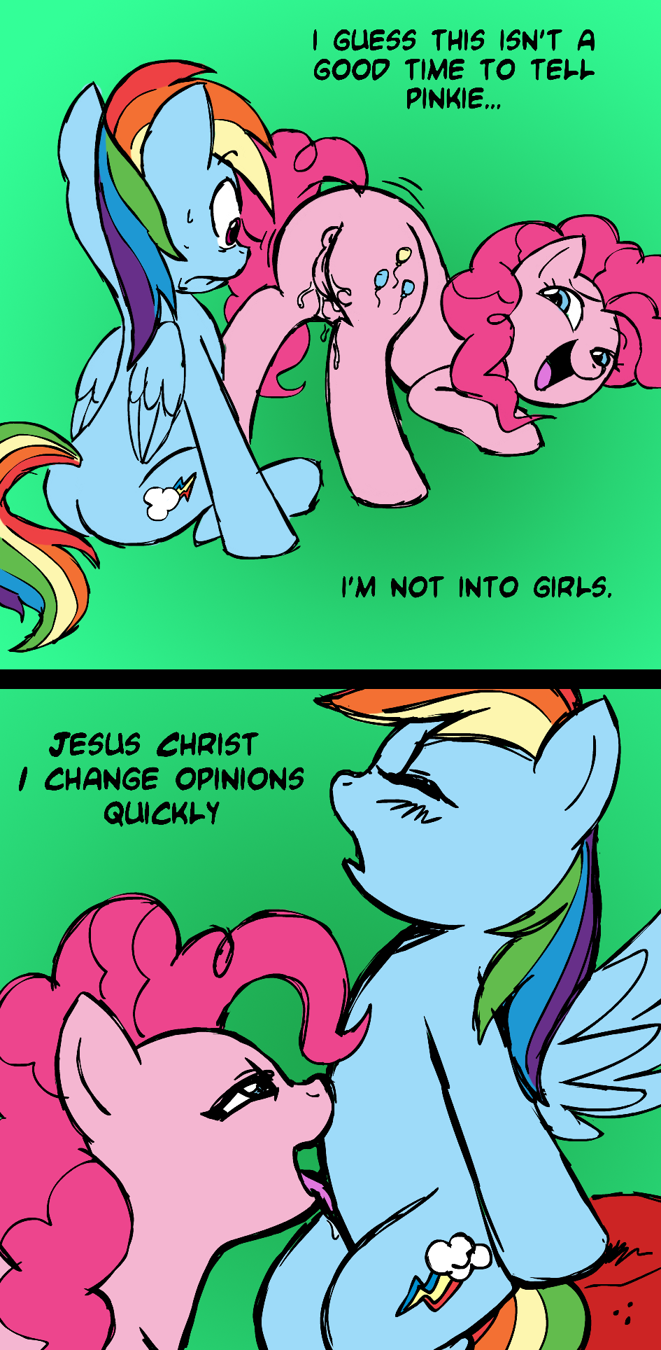 2girls comic equine female female_only feral friendship_is_magic furry hair horse interspecies licking megasweet my_little_pony pegasus pink_hair pinkie_pie_(mlp) plain_background pony pussy rainbow_dash_(mlp) sketch text tongue wings yuri