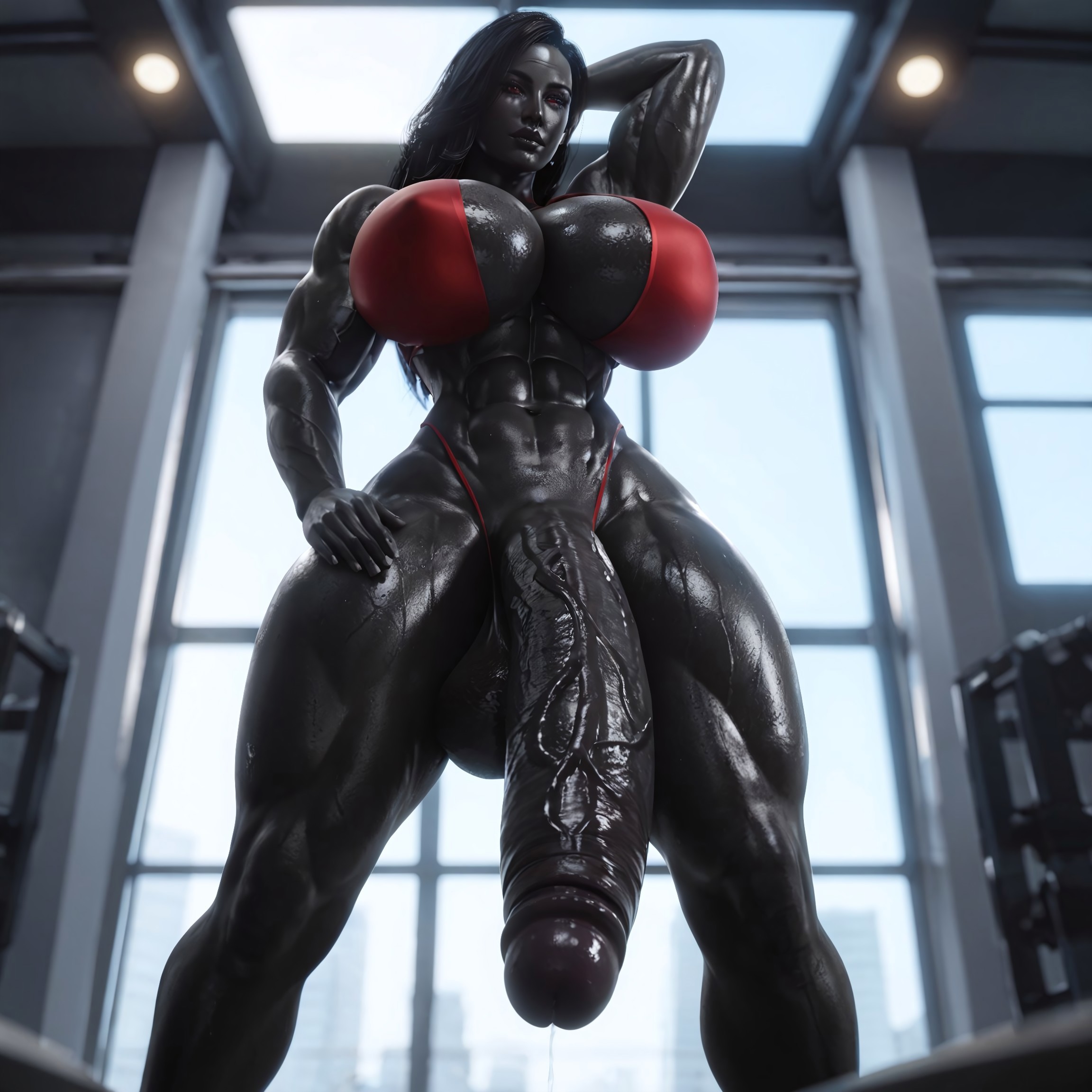 1futa, abs, ai generated, athletic, athletic futa, balls, big breasts, big muscles, big penis, big thighs, black body, black hair, black penis, breasts, dark hair, dark skin, dark-skinned futa, futa only, futanari, hi res, highres, huge balls, huge breasts, huge cock, huge thighs, intersex, long penis, looking at viewer, low-angle view, muscles, muscular, muscular futa, muscular thighs, penis, red eyes, veiny penis, very dark skin