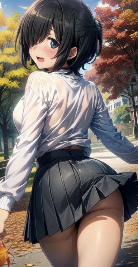 1girls ai_generated ass_exposed back_view bangs_over_one_eye black_hair dungeon_ni_deai_wo_motomeru_no_wa_machigatteiru_darou_ka female_focus female_only hitachi_chigusa looking_back outdoors outside partially_exposed_ass school_uniform schoolgirl short_hair skirt skirt_up thighs wet_shirt