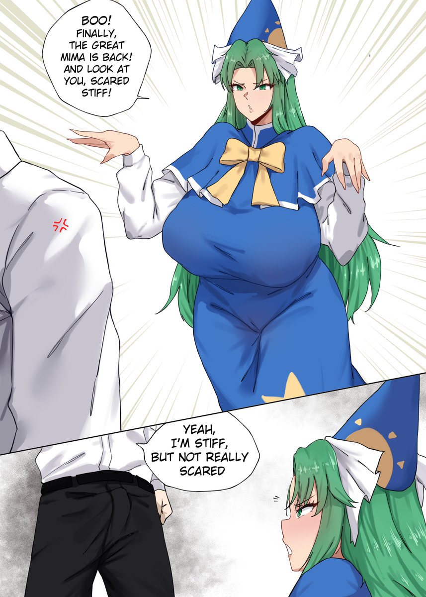 1boy 1girls clothed_female english_text erection_under_clothes green_eyes green_hair hat light-skinned_female long_hair mature_female mima nipple_bulge omikami spirit text text_bubble touhou touhou_(pc-98)