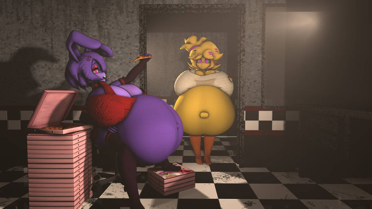 bonnie_(cally3d) chica_(cally3d) chica_(fnaf) duo fat fatty female female_only food gluttony huge_belly mramfnv2281 pizza tagme