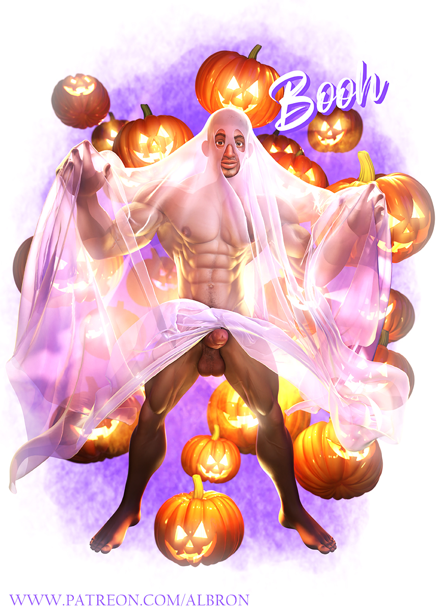 1boy 2023 3d albron balls bara barazoku big_balls big_penis costume erection ghost ghost_boy halloween halloween_costume hi_res highres holidays jack-o'-lantern jack_o'_lantern looking_at_viewer male male_focus male_nipples male_only manly muscular_male nipples nude penis pumpkin solo solo_male