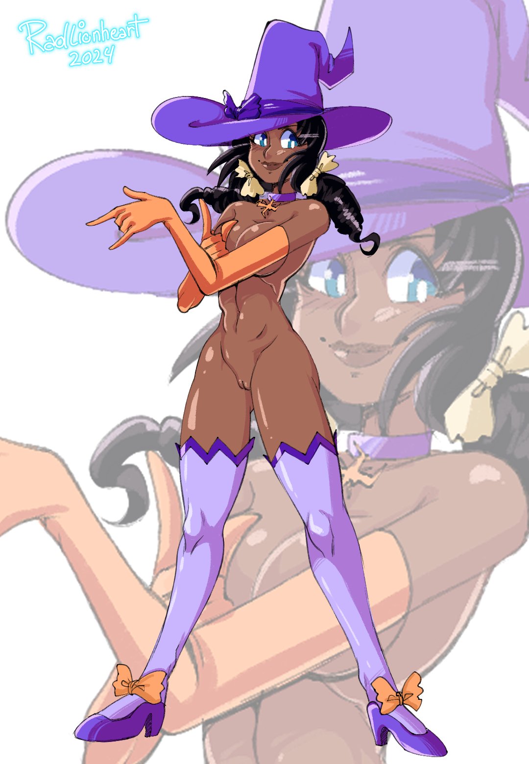 breasts dark_skinned_female gloves naked naked_female nude nude_female original original_character pussy radlionheart stockings white_background witch_hat zoom_layer