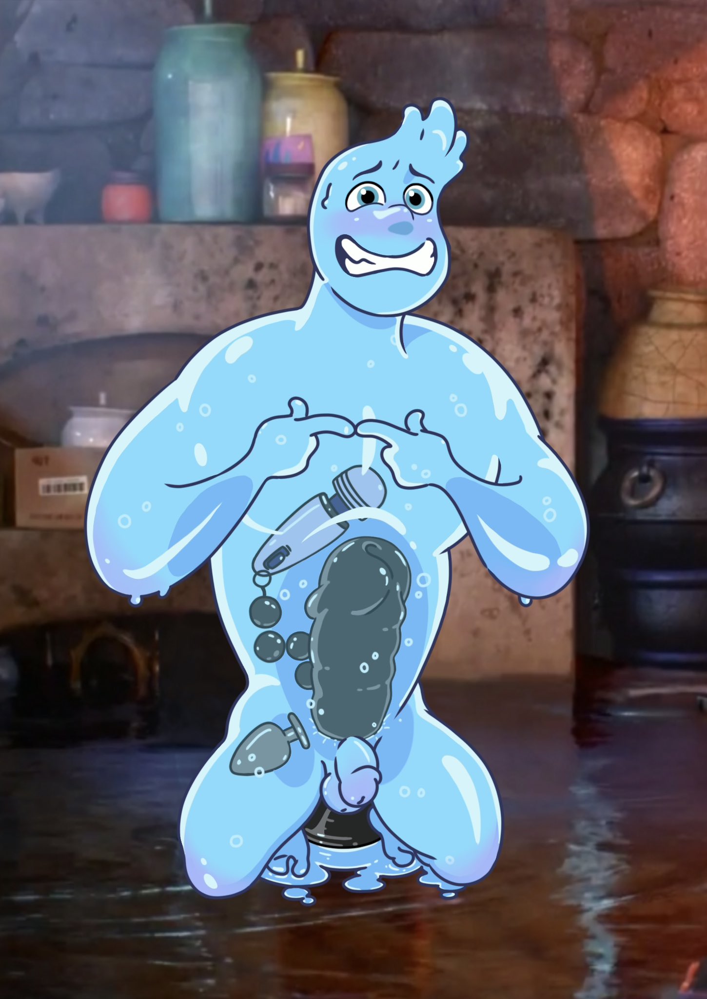 bara blue_body caught caught_in_the_act caught_masturbating caught_naked dildo dildo_in_ass dildo_insertion dildo_penetration dildo_riding dildo_sitting disney elemental elemental_(pixar) embarassed embarrassed embarrassed_nude_exposure embarrassed_nude_male ember_lumen fire himbo naked naked_male pixar saucyeel sex_toy sex_toy_in_ass sex_toy_insertion wade_ripple water