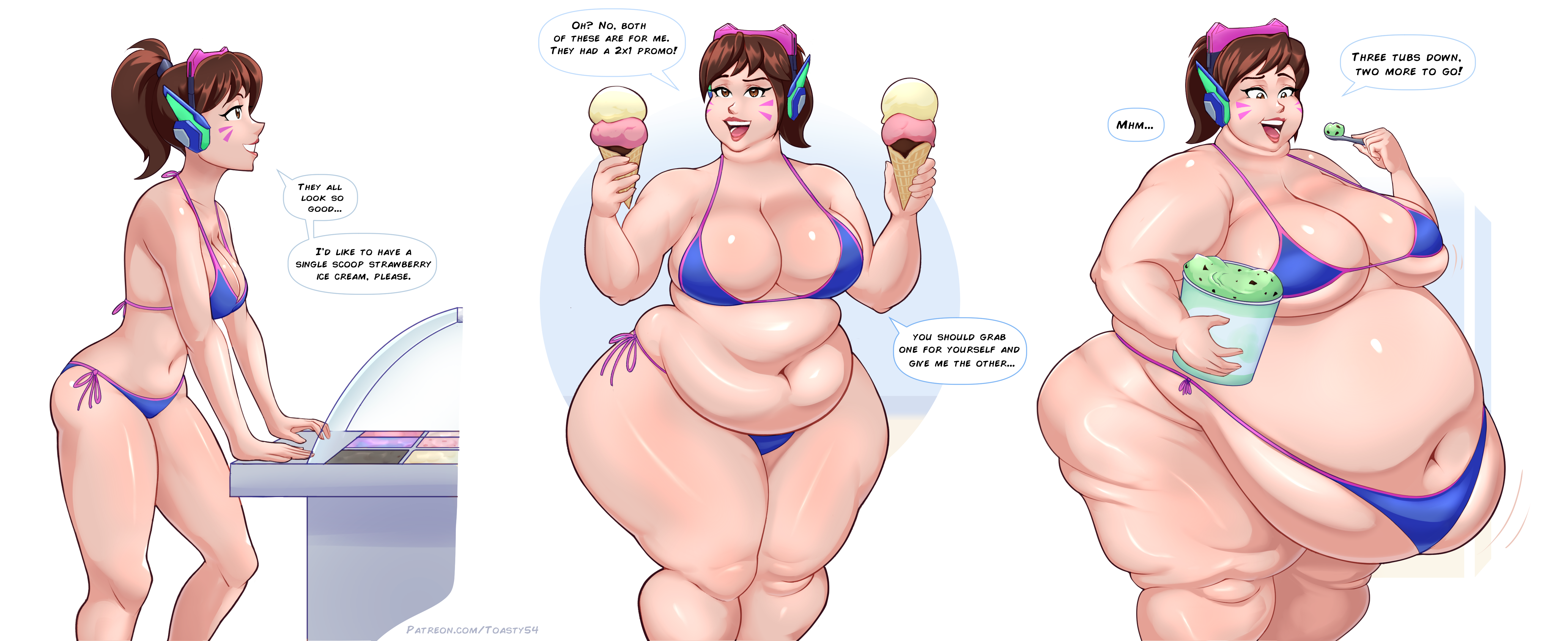 3girls, absurd res, absurd resolution, absurdres, activision, ass, bare arms, bare belly, bare midriff, bbw, before and after, belly jiggle, belly overhang, belly rolls, big breasts, bikini, bikini only, blizzard entertainment, blue bikini, breasts, brown eyes, brown hair, brown-eyed female, brown-haired female, comic, comic strip, corruption, d.va, d.va (overwatch 2 suit), dialogue, digital media (artwork), double chin, dual persona, eating, eating ice cream, english dialogue, english text, enormous belly, expansion, expansion sequence, facial markings, fat, fat arms, fat ass, fat belly, fat breasts, fat face, fat female, fat legs, fat neck, fat rolls, fat thighs, female, flabby arms, flabby legs, front view, gigantic belly, gluttony, growth, growth sequence, headphones, headphones on head, high res, high resolution, highres, holding food, holding ice cream, holding object, holding spoon, huge ass, huge belly, huge breasts, huge thighs, hyper belly, hyper fat, ice cream, ice cream tub, jiggle, jiggling belly, jiggling breasts, leaning, leaning on object, leg rolls, light skin, light-skinned female, lingerie only, massive belly, medium breasts, motion lines, navel, obese, obese female, offscreen character, open mouth, open mouth smile, overeating, overwatch, overwatch 2, overweight, overweight female, panels, parted lips, pear shaped, pear-shaped figure, ponytail, red lips, revealing clothes, sequence, side view, sideass, signature, simple background, skindentation, slim, slim female, slim waist, speech bubble, ssbbw, standing, stretched clothing, swimsuit, talking, talking to another, talking to viewer, thick, thick thighs, thong, thong bikini, thong over belly, three-quarter view, thunder thighs, tied hair, timeskip, toasty54, two-piece swimsuit, weight gain, weight gain female, weight gain sequence, white background, wide hips