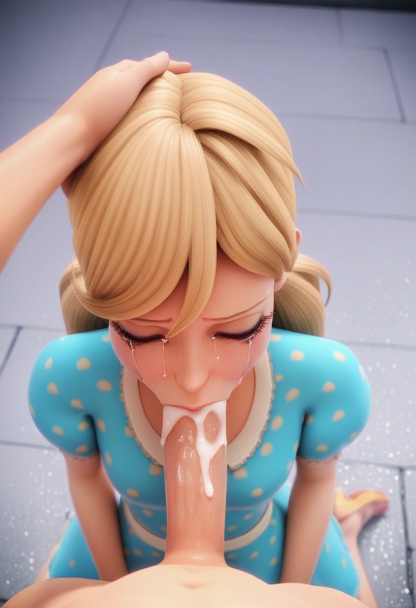 3d ai_generated aurore_beaureal blonde_female blonde_hair blowjob closed_eyes clothed clothed_sex clothing crying cum deepthroat female girl kneeling miraculous_ladybug nw_th polka_dot pov sex touching_hair touching_head twintails