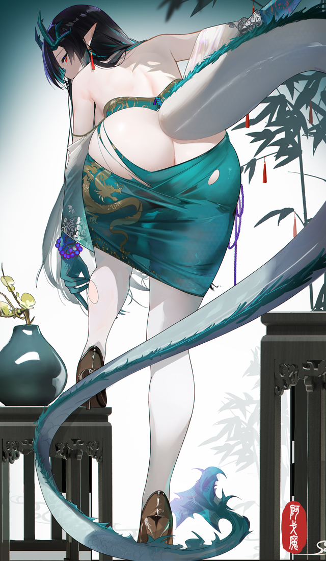 adjusting_clothes adjusting_legwear arknights artist_logo ass bare_back bead_bracelet beads black_hair bracelet butt_crack colored_extremities commentary_request dragon_horns dragon_tail dress dusk_(arknights) dusk_(everything_is_a_miracle)_(arknights) female foot_up from_behind full_body green_dress green_hands green_horns green_tail high_heels horns jewelry long_hair looking_at_viewer multicolored_hair official_alternate_costume omone_hokoma_agm paid_reward_available pantyhose pointy_ears pussy pussy_peek red_eyes shoulder_blades sidelocks solo streaked_hair tail torn_clothes torn_dress torn_pantyhose uncensored very_long_hair white_pantyhose