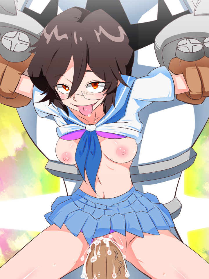 1girls blush bra breasts brown_hair cum cum_in_pussy eye_bags faceless_male female female_focus from_behind functionally_nude functionally_nude_female gamagoori_ira glasses ira_gamagori kill_la_kill large_insertion male nipples ogure_maiko oogure_maiko panties_aside pussy rbx_lamen red_eyes saliva school_uniform shirt_up short_hair tongue_out vagina vaginal_penetration veiny_penis