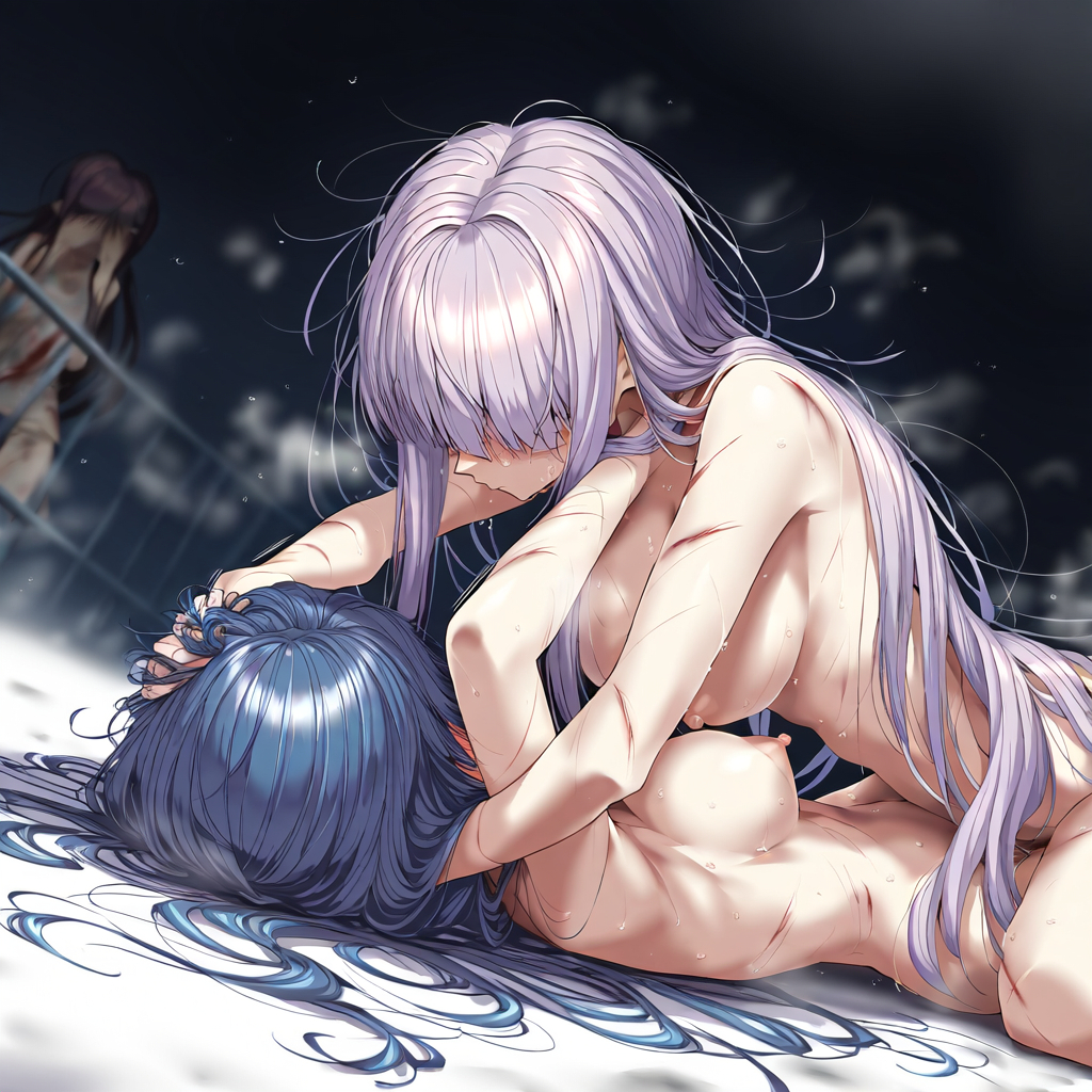 2girls ai_generated big_breasts busty catfight danganronpa danganronpa:_trigger_happy_havoc female female_only kirigiri_kyouko long_hair maizono_sayaka multiple_girls purple_hair sexfight wrestling