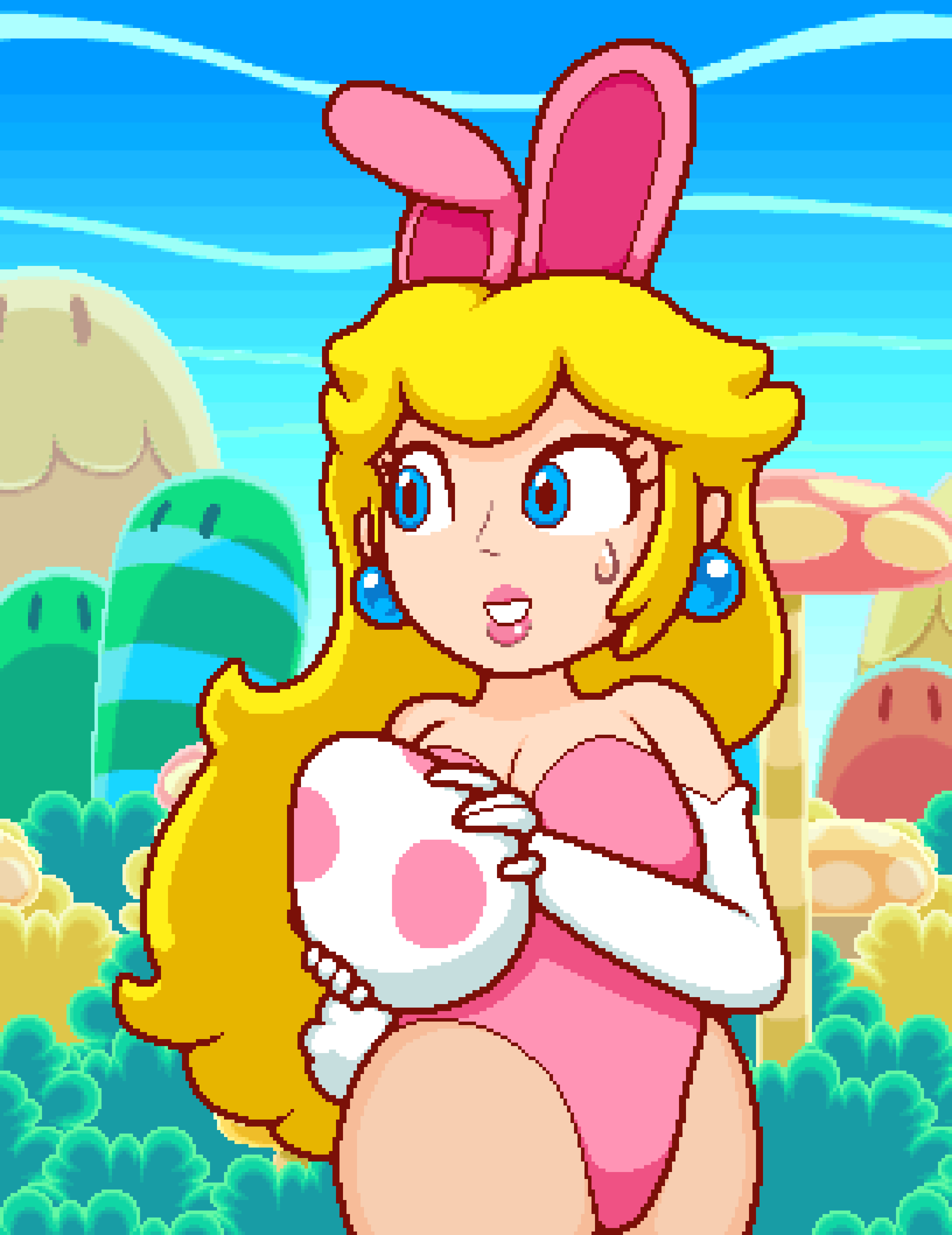 1girls big_thighs bunny_ears bunnysuit egg embarrassed female female_focus mario_(series) okami_tomato pixel_art png princess_peach super_mario_bros. super_princess_peach sweat