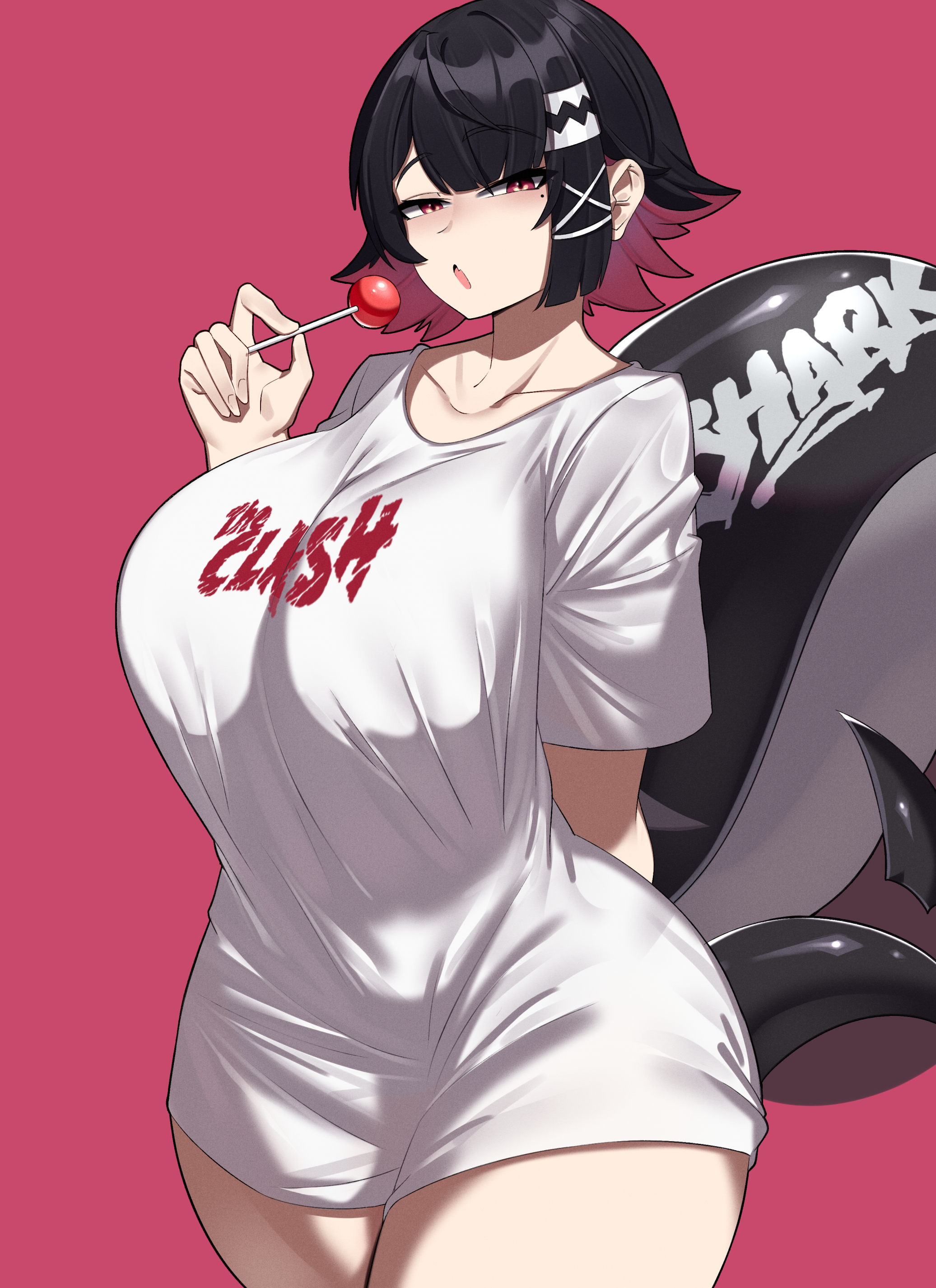 1girls, absurdres, alternate costume, arm behind back, black hair, breasts, candy, collarbone, colored inner hair, ellen joe, female, female only, fins, fish tail, food, hairband, highres, holding, holding candy, holding food, holding lollipop, large breasts, lollipop, looking at viewer, metal hairband, mole, mole under eye, multicolored hair, no pants, open mouth, pink background, pink hair, red eyes, shark girl, shark tail, shirt, short hair, simple background, solo, spiked headband, tail, tetsu chokoreto, thighs, tight clothes, two-tone hair, zenless zone zero