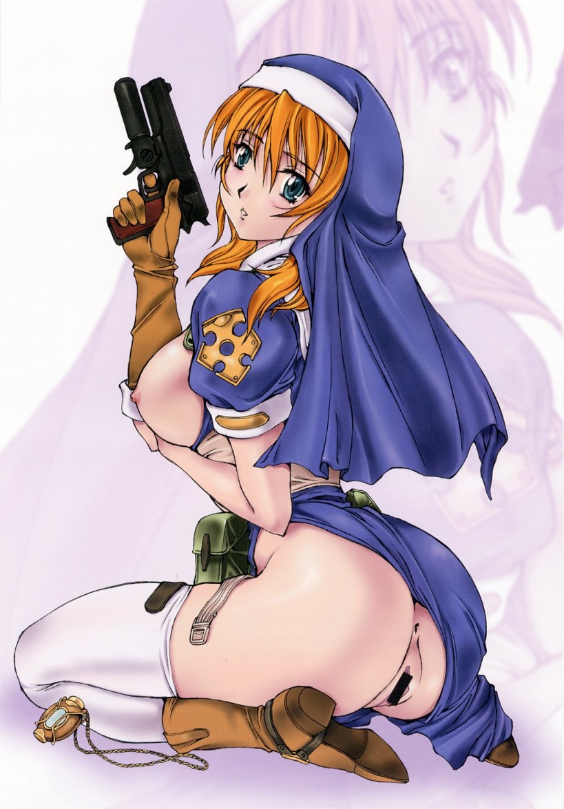 1girls anus ass blue_eyes boots breasts censored chrono_crusade clothing doujinshi female footwear gloves gun habit handgun high_resolution holding holding_gun holding_weapon jewelry kobayashi_masakazu large_breasts legwear m1911 necklace nopan nun open_clothes open_shirt orange_hair pistol rosette_christopher scan semiautomatic shirt solo thighhighs vagina weapon white_legwear zoom_layer