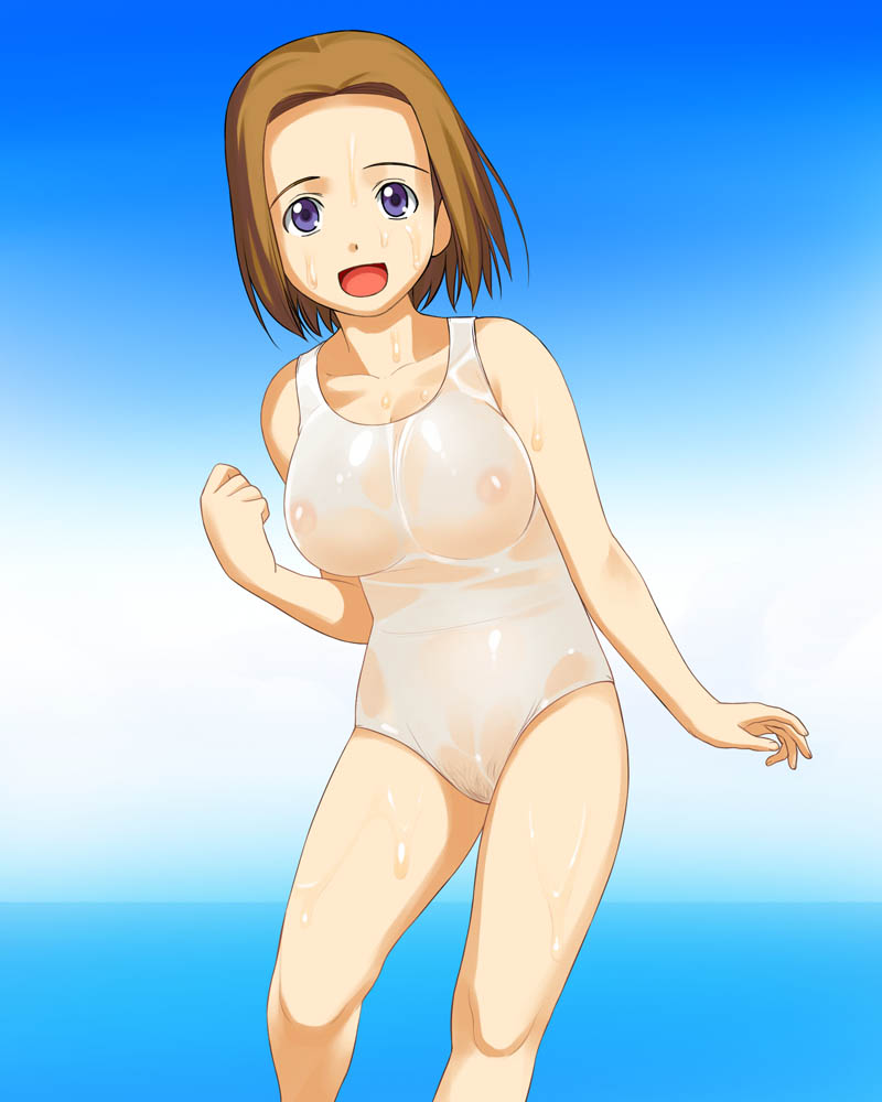 1girls a1 blue_eyes breasts brown_hair female kamichu kamichu! large_breasts mitsue_shijo nipples one-piece one-piece_swimsuit pubic_hair see-through shijou_mitsue short_hair solo swimsuit wet