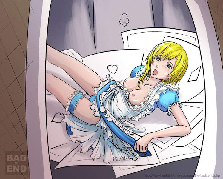 alice_in_wonderland alice_in_wonderland_(1951_film) alice_liddell_(cosplay) apron badxend blonde_hair blue_eyes blue_panties breasts breasts_out card cards cosplay disney dress dress_lift garter garters kingdom_hearts kingdom_hearts_ii mouth namine nipples nobody_(kingdom_hearts) open panties public_domain square_enix underwear