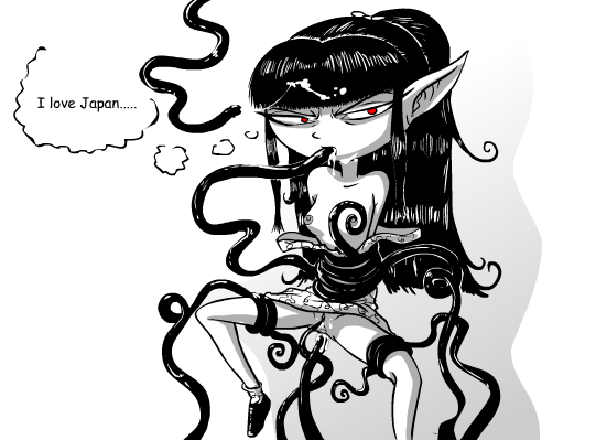 black_hair contemplating_reiko english_text long_hair monochrome pawn_(copyright) ponytail red_eyes reiko_mouryou tentacle tentacle_around_leg tentacle_in_mouth tentacle_penetration tentacles thought_bubble