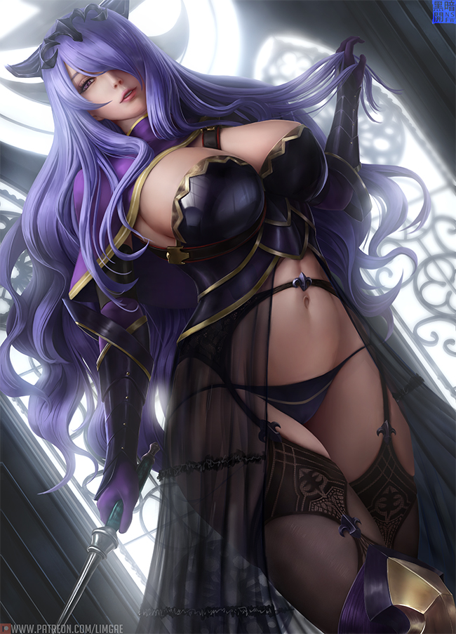 big breasts, breasts, camilla (fire emblem), cleavage, female, female only, fire emblem, fire emblem fates, gloves, large breasts, limgae, panties, purple gloves, purple hair, solo, thighhighs